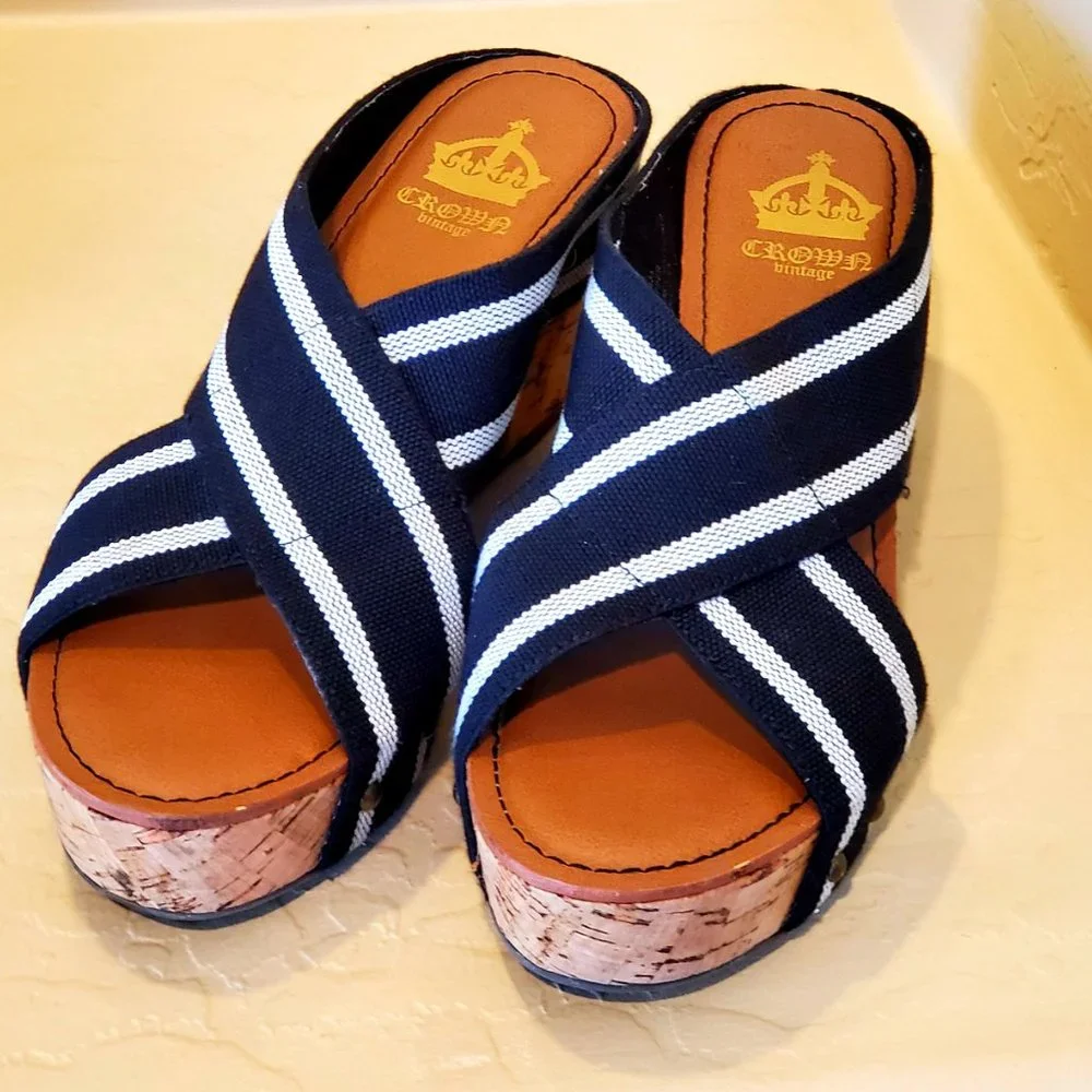 Cork Wedge Navy Blue & White Sandals Slip On Shoes Wedge Nautical Espadrilles